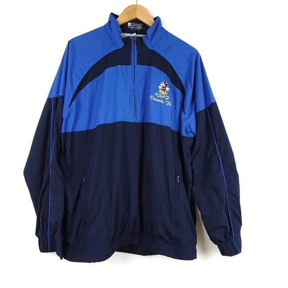 Disney Windbreaker Rain Jacket Men's Size L Blue Mickey Mouse Logo USAF 1/4 Zip - Picture 1 of 7